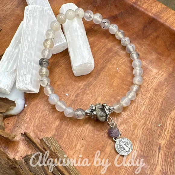 6mm rutile Saint Benedict silver medal beaded bohemian bracelet San Benito - Picture 1 of 1